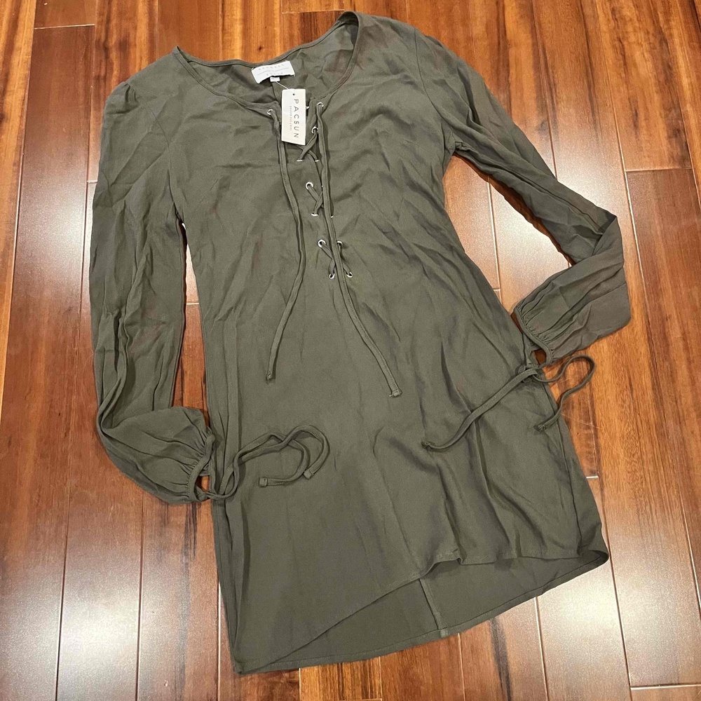 New Kendall & Kylie PacSun Olive Green Lace Up Long Sleeve Dress Midi Size Small